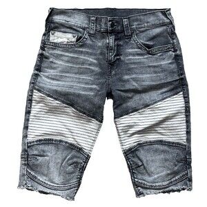 True Religion Geno Relaxed Slim Moto Gray Mens Shorts Sz 34 Thrashed Distressed